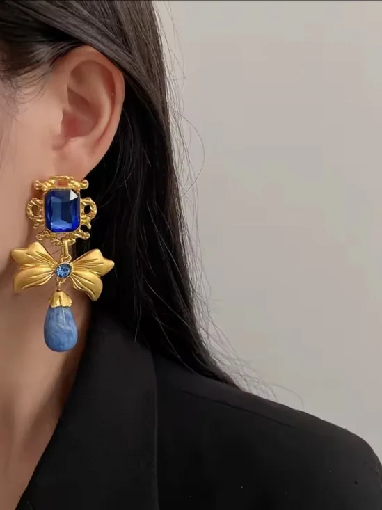 Gold-Tone Earrings with Royal Blue and Cornflower Drop - Picture 4 of 12